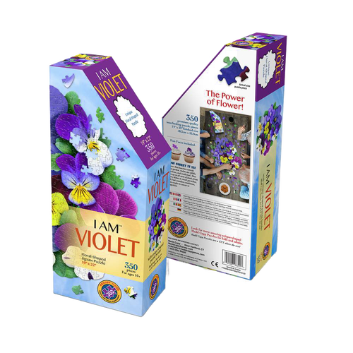 Handcrafted 350-piece shaped jigsaw puzzle featuring vibrant violets with unique border design, educational fun facts, and premium chipboard, for Toys, Books & Games and Puzzles collections.