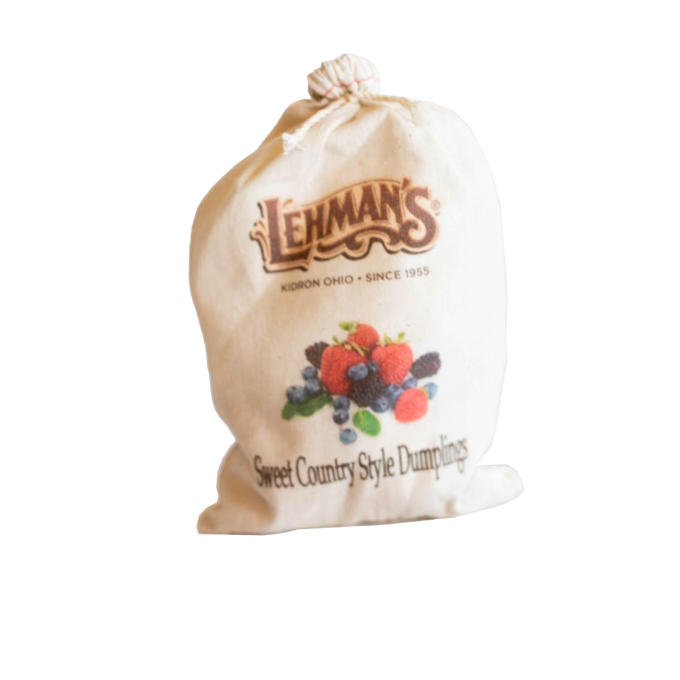 Fabric bag of sweet country-style dumpling mix with berries illustration, handcrafted and exclusive, featured in Kitchen & Food, Pantry, Dry Goods and Mixes, Best Sellers, and Promo Eligible collections.