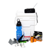 Handcrafted emergency survival kit featuring a durable white bucket with water filter bottle, compact radio, essential camping tools, and emergency supplies, ideal for farm, garden, and outdoor use.
