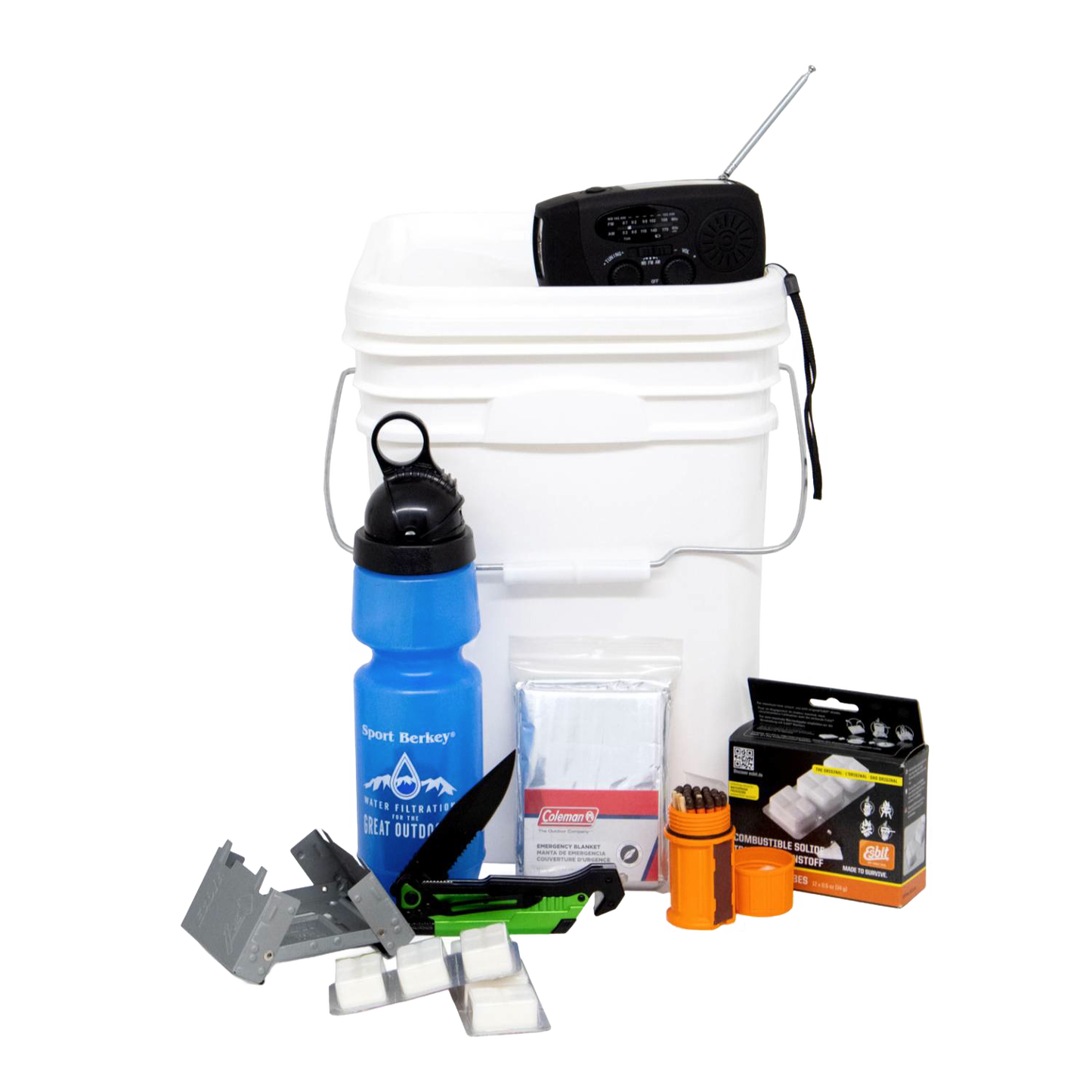 Handcrafted emergency survival kit featuring a durable white bucket with water filter bottle, compact radio, essential camping tools, and emergency supplies, ideal for farm, garden, and outdoor use.