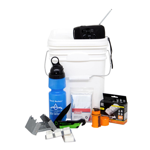 Handcrafted emergency survival kit featuring a durable white bucket with water filter bottle, compact radio, essential camping tools, and emergency supplies, ideal for farm, garden, and outdoor use.