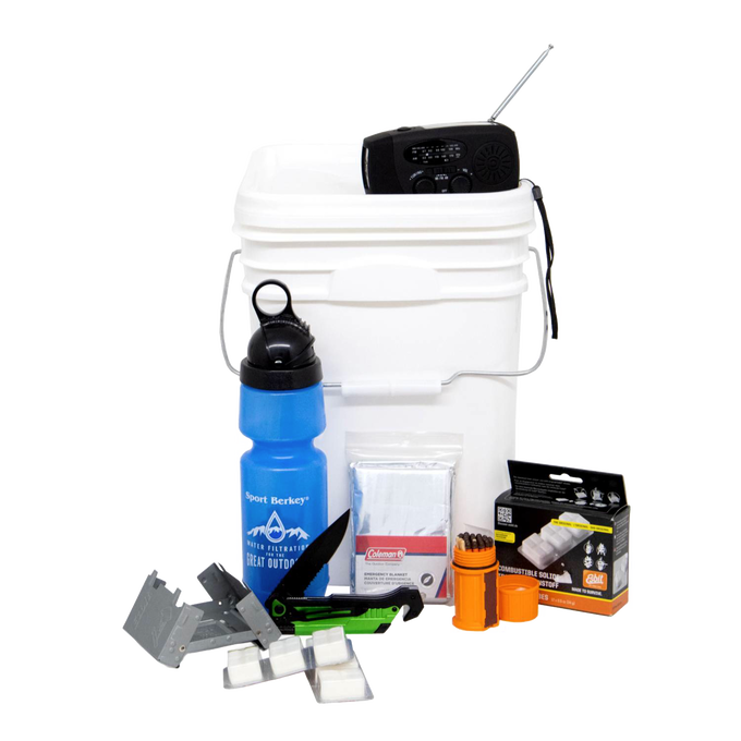 Handcrafted emergency survival kit featuring a durable white bucket with water filter bottle, compact radio, essential camping tools, and emergency supplies, ideal for farm, garden, and outdoor use.
