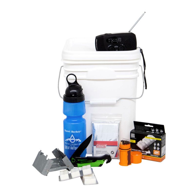 Handcrafted emergency survival kit featuring a durable white bucket with water filter bottle, compact radio, essential camping tools, and emergency supplies, ideal for farm, garden, and outdoor use.