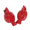 Pair of handcrafted earthenware salt and pepper shakers shaped like red cardinals with hand-painted details, perfect for Kitchen & Food, Dinnerware, and Best Sellers collections.