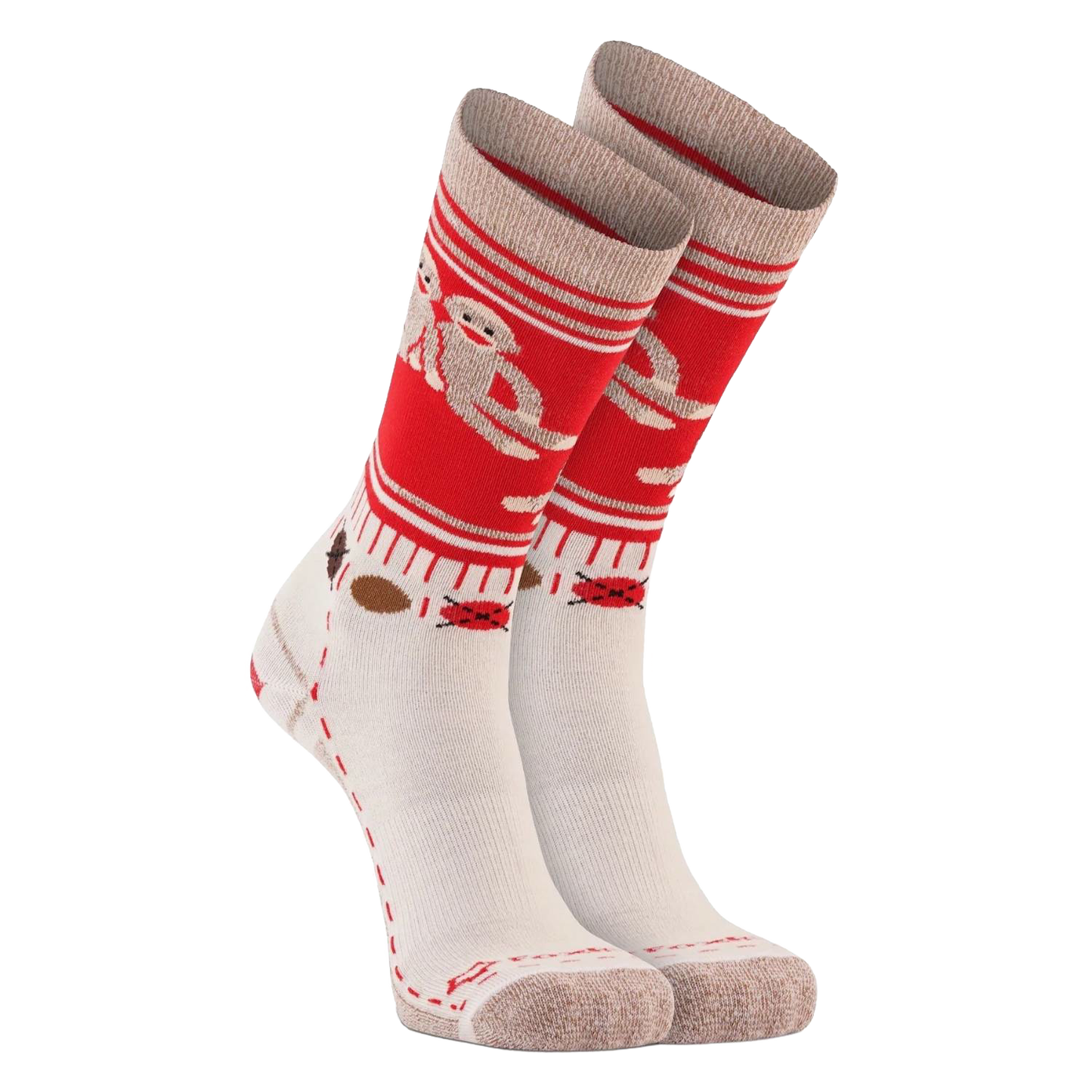 Pair of handcrafted crew socks with playful monkey design in red and cream colors, made with soft sustainable Merino wool for comfort and support, featured in Health & Wellness, Clothing and Accessories, Best Sellers, and Promo Eligible collections.