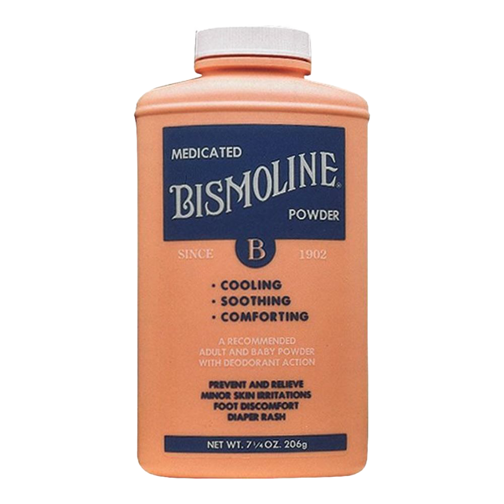 Bottle of medicated Bismoline powder with cooling, soothing, and comforting properties, made in USA and featured in Health & Wellness and Health Remedies collections.