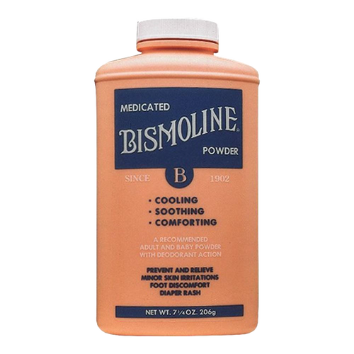 Bottle of medicated Bismoline powder with cooling, soothing, and comforting properties, made in USA and featured in Health & Wellness and Health Remedies collections.