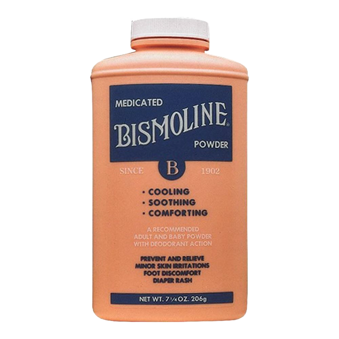 Bottle of medicated Bismoline powder with cooling, soothing, and comforting properties, made in USA and featured in Health & Wellness and Health Remedies collections.