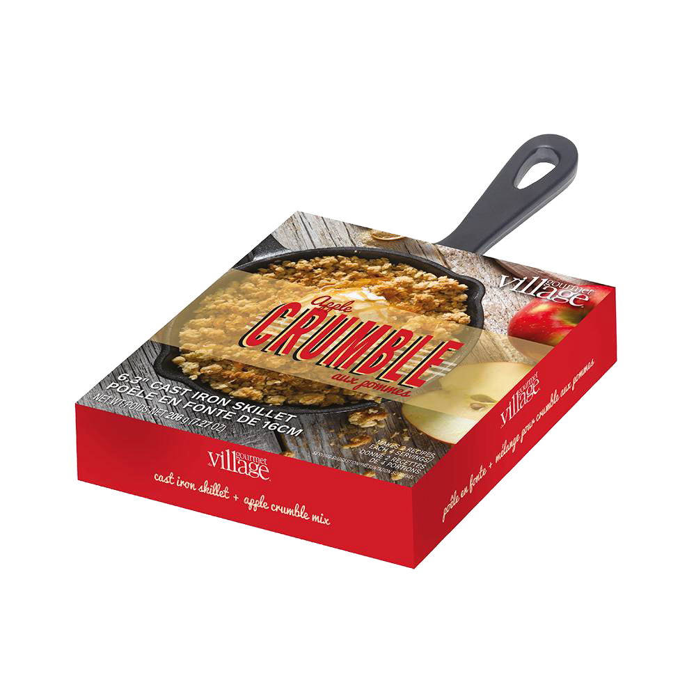 Boxed dessert mix featuring a 6-inch cast iron skillet with apple crumble topping, highlighting handcrafted quality in Kitchen & Food, Dry Goods and Mixes, Best Sellers, Promo Eligible collections.