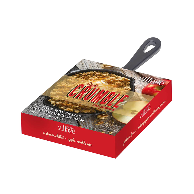 Boxed dessert mix featuring a 6-inch cast iron skillet with apple crumble topping, highlighting handcrafted quality in Kitchen & Food, Dry Goods and Mixes, Best Sellers, Promo Eligible collections.