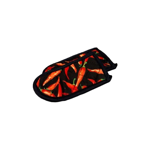 Set of two quilted hot handle pads featuring a vibrant chili pepper pattern with black trim, designed to fit cast iron cookware handles and protect hands from heat up to 350°F, ideal for Kitchen & Food, Cookware, Cast Iron, Best Sellers, and Promo Eligible collections.