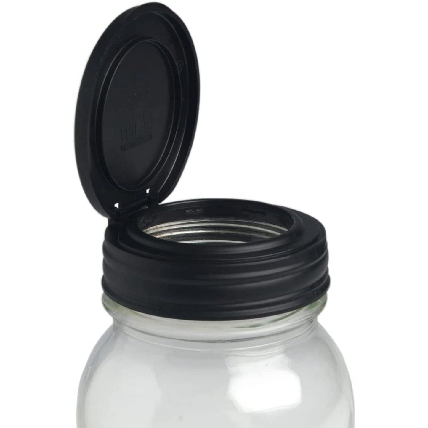 Black reusable flip top lid opened on a clear regular mouth glass jar, handcrafted in USA, ideal for Kitchen Gadgets, Household Helpers, Storage and Serving, and Home & Decor collections.