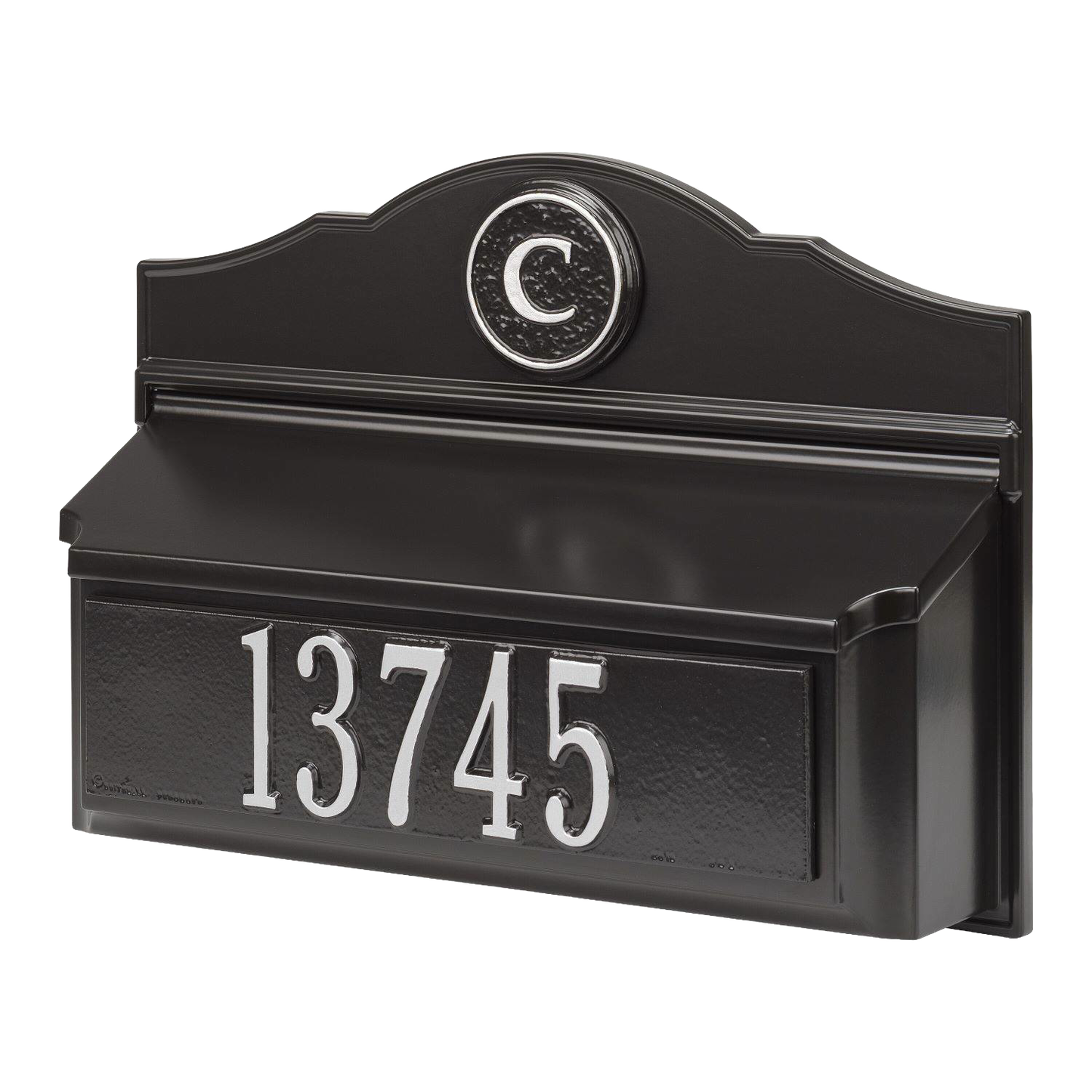 Custom black and silver wall mount mailbox featuring a white house number and monogram letter C, handcrafted in USA, enhancing curb appeal in Home & Decor and Mailboxes collections.