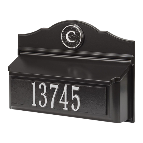 Custom black and silver wall mount mailbox featuring a white house number and monogram letter C, handcrafted in USA, enhancing curb appeal in Home & Decor and Mailboxes collections.