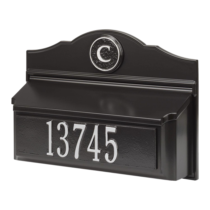 Custom black and silver wall mount mailbox featuring a white house number and monogram letter C, handcrafted in USA, enhancing curb appeal in Home & Decor and Mailboxes collections.
