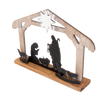 Wooden nativity display with weathered finish featuring metal silhouettes of the Holy Family and animals under a star, designed for Home & Decor and Holiday Decor collections.