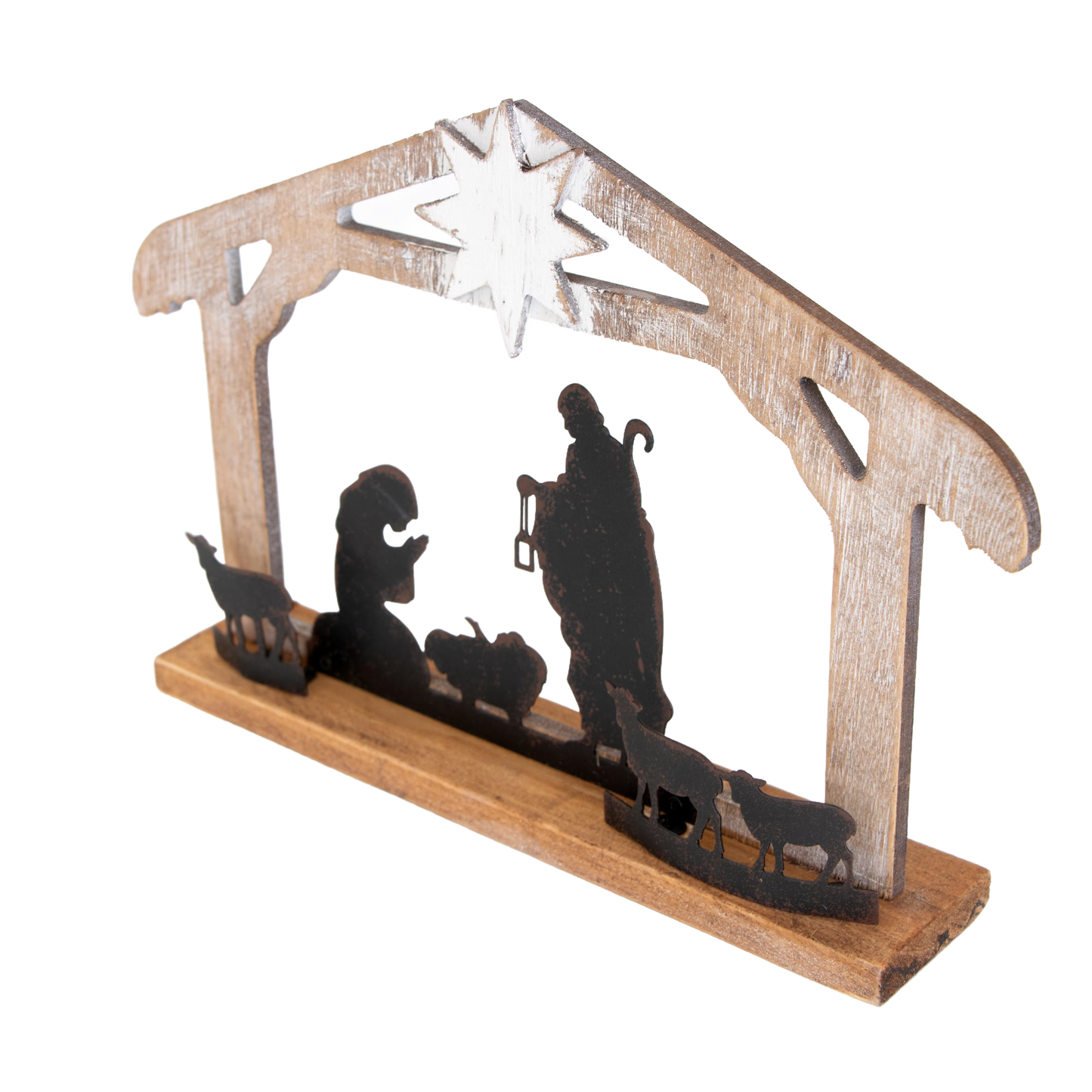 Wooden nativity display with weathered finish featuring metal silhouettes of the Holy Family and animals under a star, designed for Home & Decor and Holiday Decor collections.
