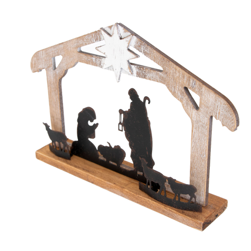 Wooden nativity display with weathered finish featuring metal silhouettes of the Holy Family and animals under a star, designed for Home & Decor and Holiday Decor collections.