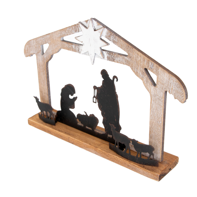 Wooden nativity display with weathered finish featuring metal silhouettes of the Holy Family and animals under a star, designed for Home & Decor and Holiday Decor collections.
