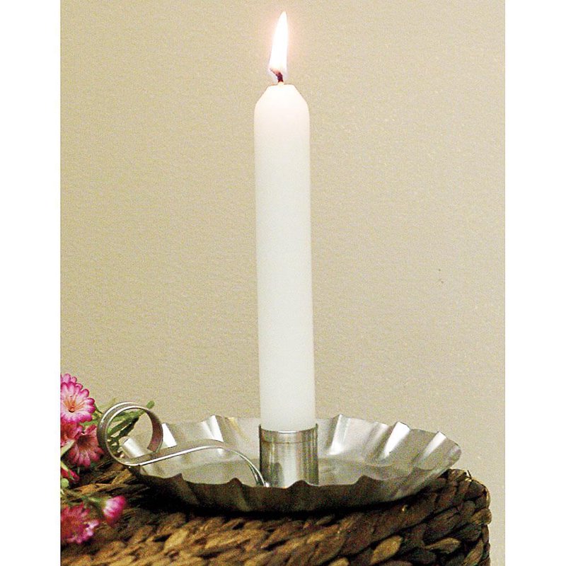 Handcrafted tin holder for taper candles with crimped edge and finger loop, made in USA, featured in Lamps & Lighting, Candles and Candlemaking, and Best Sellers collections.