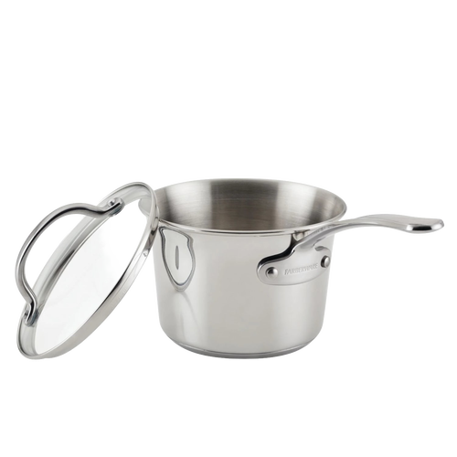 Polished stainless steel saucepan with a long handle and matching lid propped open, part of sturdy cookware collections for Kitchen & Food and Pots and Pans essentials.