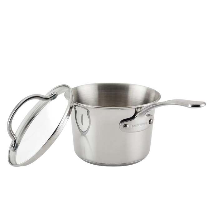 Polished stainless steel saucepan with a long handle and matching lid propped open, part of sturdy cookware collections for Kitchen & Food and Pots and Pans essentials.