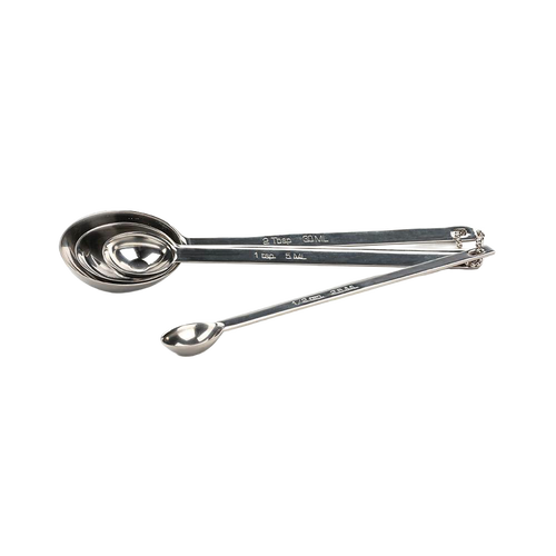 Set of four handcrafted long handle stainless steel measuring spoons including 2 Tbsp, 1 Tbsp, 1 tsp, and ½ tsp for easy scooping in Kitchen & Food, Bakeware, and Measuring collections.