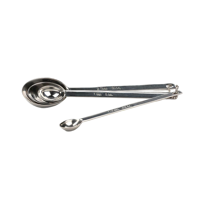 Set of four handcrafted long handle stainless steel measuring spoons including 2 Tbsp, 1 Tbsp, 1 tsp, and ½ tsp for easy scooping in Kitchen & Food, Bakeware, and Measuring collections.