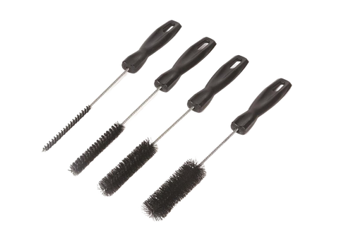 Set of four handcrafted cleaning brushes with black handles and bristles in varying sizes, designed for household cleaning tasks, featured in USA Made and Household Cleaning collections.