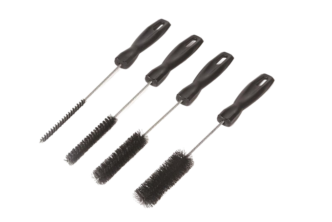 Set of four handcrafted cleaning brushes with black handles and bristles in varying sizes, designed for household cleaning tasks, featured in USA Made and Household Cleaning collections.