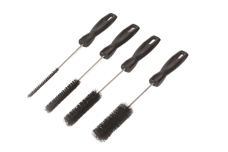 Set of four handcrafted cleaning brushes with black handles and bristles in varying sizes, designed for household cleaning tasks, featured in USA Made and Household Cleaning collections.