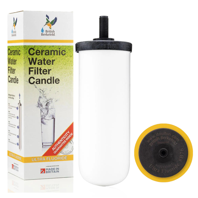Handcrafted Ultra Fluoride ceramic water filter candle with white body, black threaded top, and yellow base, designed for gravity filtration in Farm, Garden & Tool and Water Heating and Treatment collections.