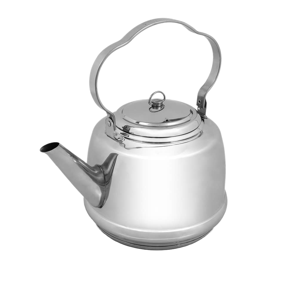 Polished stainless steel kettle with a threefold bent movable handle for easy hanging, designed for boiling water quickly over open fires or stovetops, ideal for camping and kitchen use.