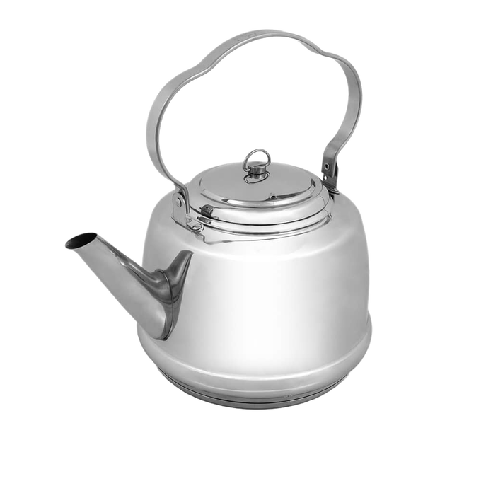 Polished stainless steel kettle with a threefold bent movable handle for easy hanging, designed for boiling water quickly over open fires or stovetops, ideal for camping and kitchen use.