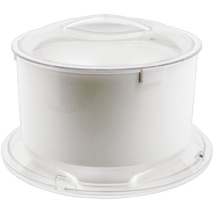 White plastic flour sifter attachment with a transparent lid, designed for Bosch and NutriMill mixers, handcrafted and ideal for Kitchen & Food, Baking Supplies, and Cooking Helpers collections.