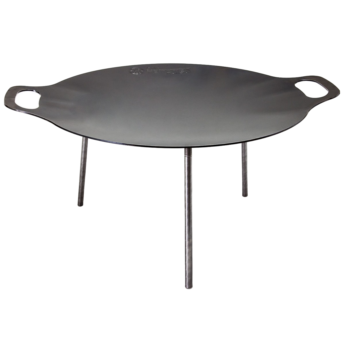 Oval steel griddle with integrated handles and three sturdy legs, designed for stable outdoor cooking, grilling, and frying in Farm, Garden & Tool, Camping, Best Sellers, and Promo Eligible collections.