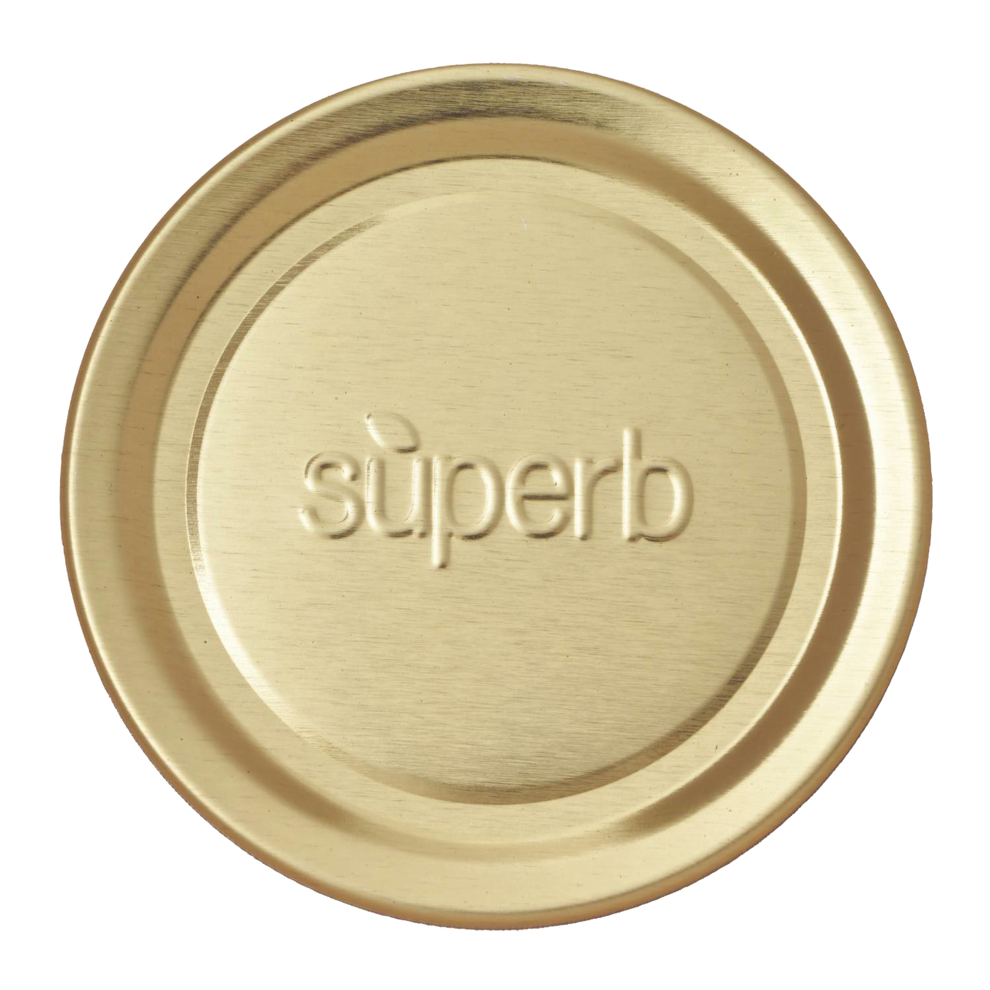 Gold-tone metal regular-mouth canning jar lid embossed with "superb," designed for durable sealing in kitchen and food preservation collections, made in USA.