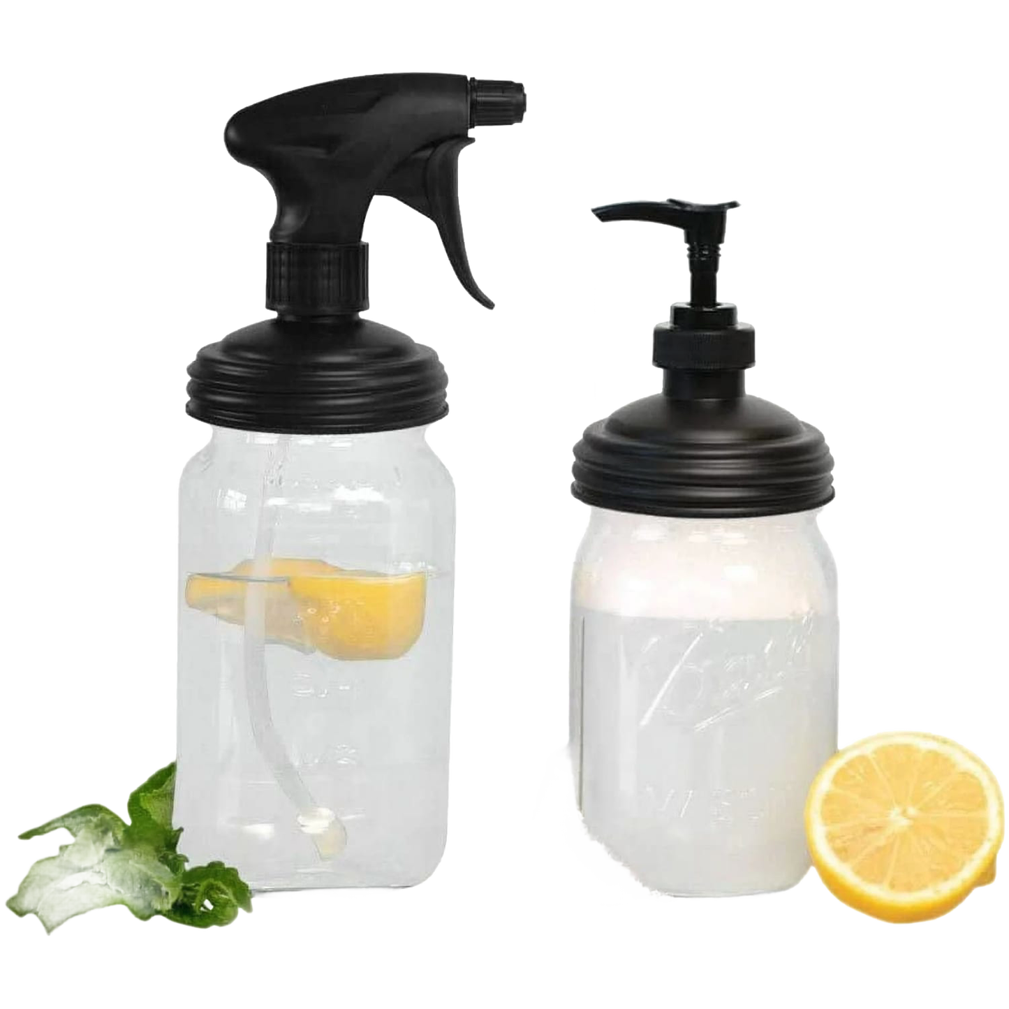 Set of two reusable black sprayer and pump lids attached to clear mason jars, accompanied by lemon slices and mint, ideal for Home & Decor, Household Helpers, USA Made, and Best Sellers collections.