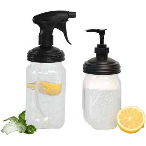 Set of two reusable black sprayer and pump lids attached to clear mason jars, accompanied by lemon slices and mint, ideal for Home & Decor, Household Helpers, USA Made, and Best Sellers collections.
