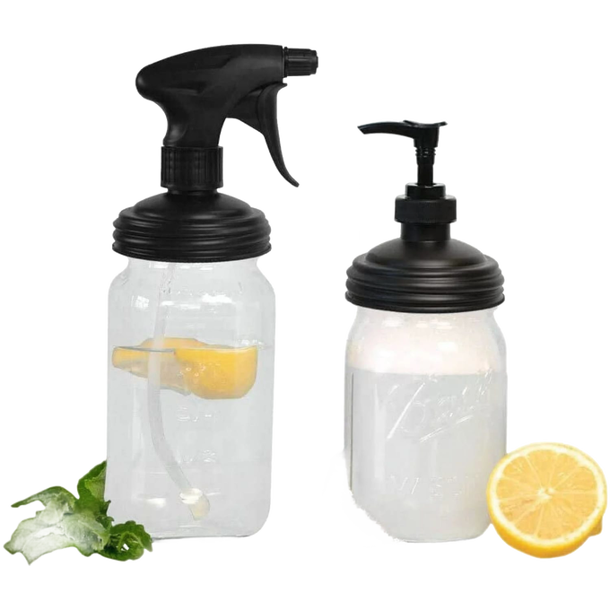 Set of two reusable black sprayer and pump lids attached to clear mason jars, accompanied by lemon slices and mint, ideal for Home & Decor, Household Helpers, USA Made, and Best Sellers collections.