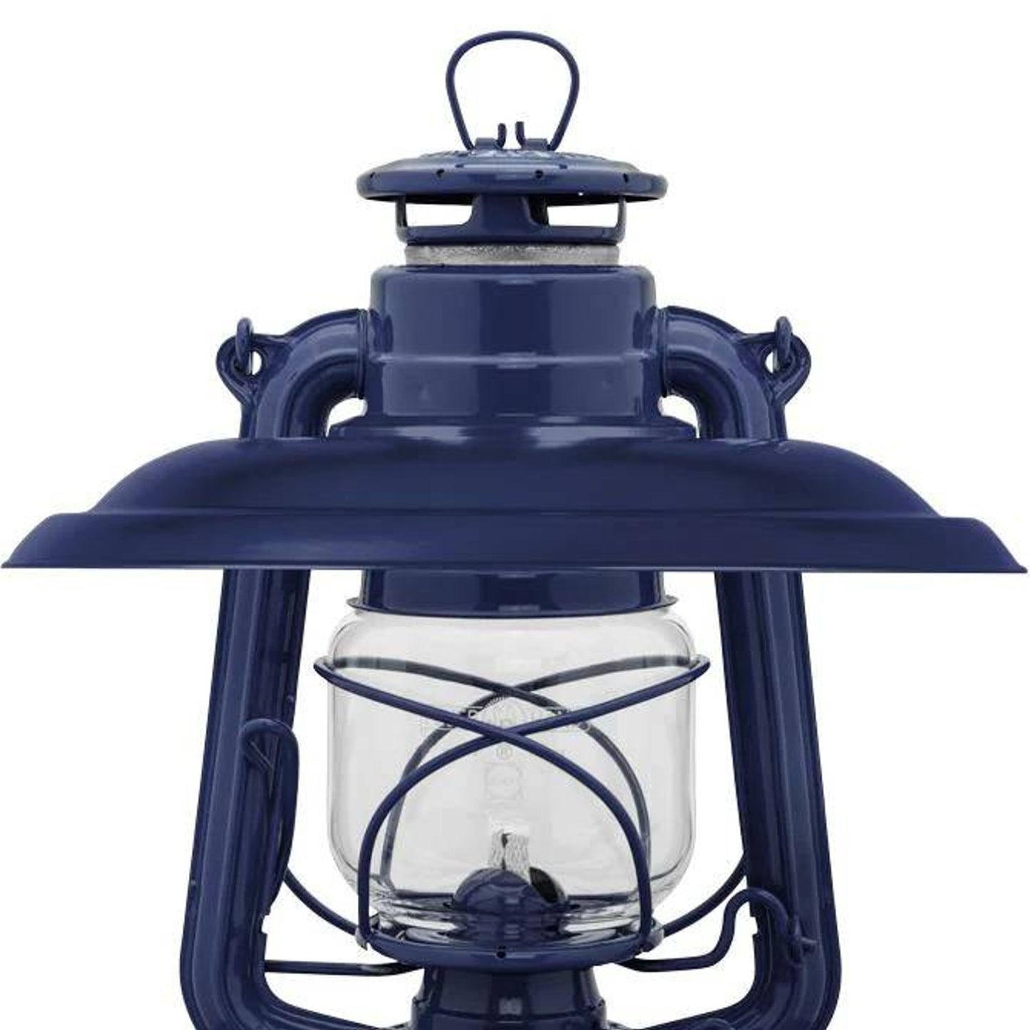 Handcrafted deep blue steel reflector shade crafted to direct lantern light downward and reduce glare while protecting the glass globe, suitable for Lamps & Lighting and Emergency Supplies collections.