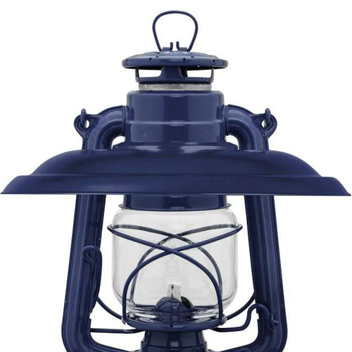 Handcrafted deep blue steel reflector shade crafted to direct lantern light downward and reduce glare while protecting the glass globe, suitable for Lamps & Lighting and Emergency Supplies collections.