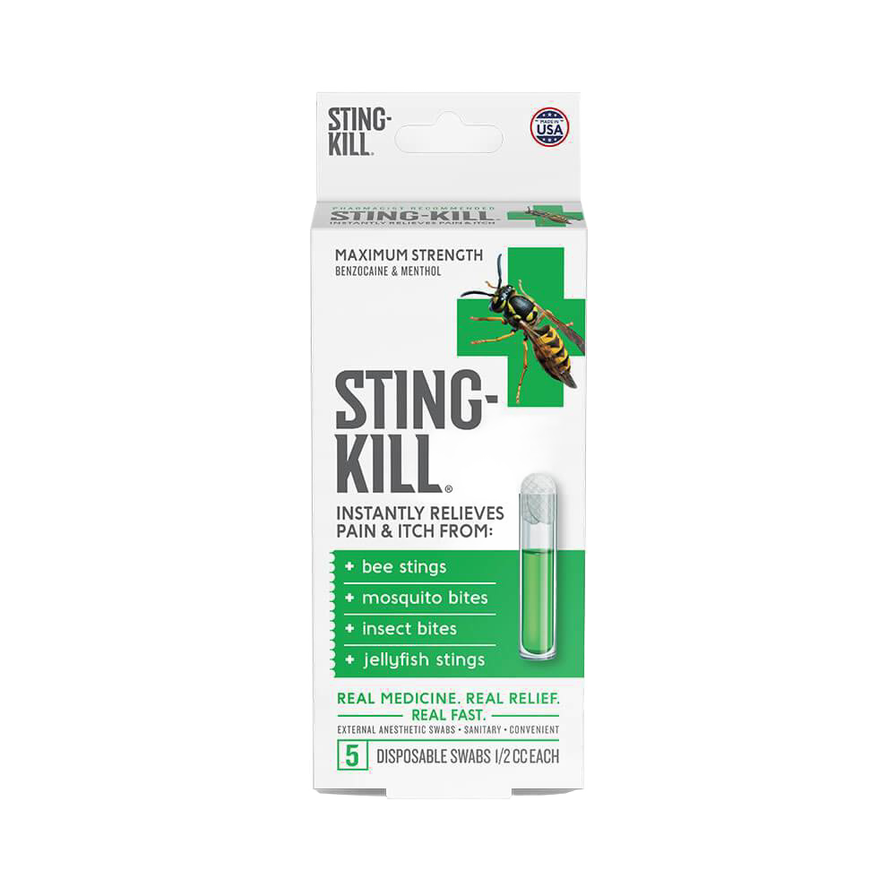 Box of disposable swabs containing benzocaine and menthol for fast relief from bee stings, mosquito bites, insect bites, and jellyfish stings, USA made, healthy and convenient.