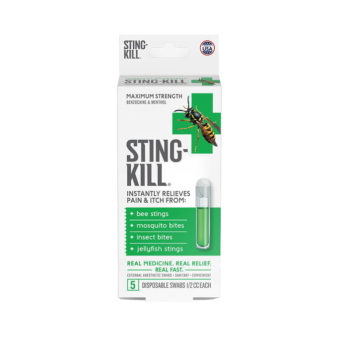 Box of disposable swabs containing benzocaine and menthol for fast relief from bee stings, mosquito bites, insect bites, and jellyfish stings, USA made, healthy and convenient.
