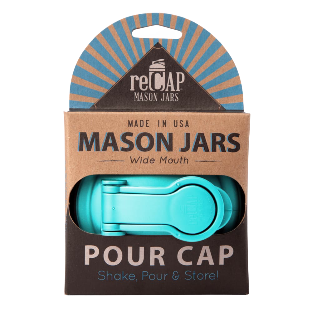 Turquoise wide-mouth pour lid with flip-top spout and carry loop for mason jars, made in USA from durable plastic, featured in Kitchen & Food, Kitchen Gadgets, and Best Sellers collections.
