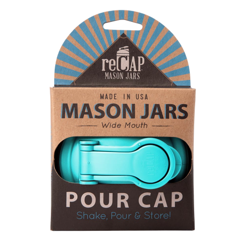 Turquoise wide-mouth pour lid with flip-top spout and carry loop for mason jars, made in USA from durable plastic, featured in Kitchen & Food, Kitchen Gadgets, and Best Sellers collections.