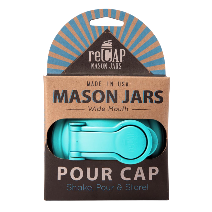 Turquoise wide-mouth pour lid with flip-top spout and carry loop for mason jars, made in USA from durable plastic, featured in Kitchen & Food, Kitchen Gadgets, and Best Sellers collections.