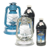 Set of two vintage-style oil lanterns in blue and silver finishes paired with two bottles of citronella fuel, ideal for outdoor pest control in camping, garden, and emergency settings.