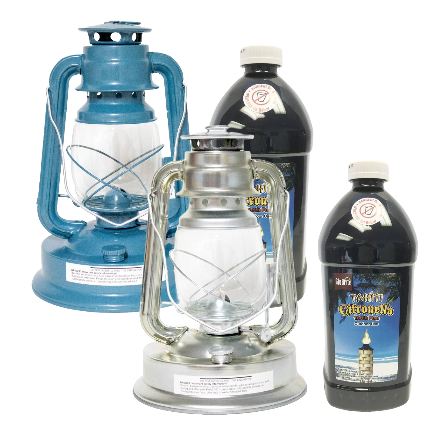 Set of two vintage-style oil lanterns in blue and silver finishes paired with two bottles of citronella fuel, ideal for outdoor pest control in camping, garden, and emergency settings.