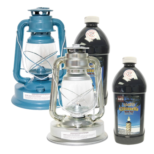 Set of two vintage-style oil lanterns in blue and silver finishes paired with two bottles of citronella fuel, ideal for outdoor pest control in camping, garden, and emergency settings.